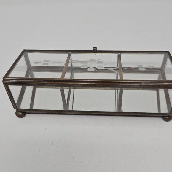 Vintage Mirrored Brass Leaded Etched Glass Divided Jewelry Trinket Box Casket - Picture 3 of 7